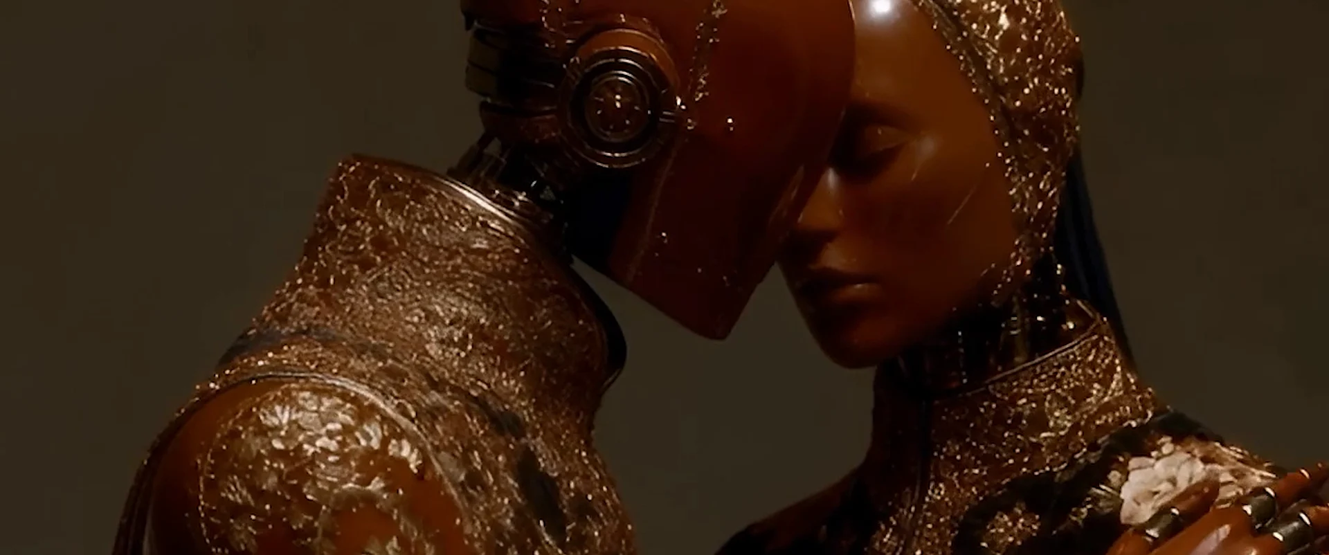 Two bronze automata, forehead to forehead, from Harvest.